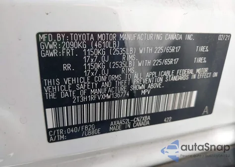 2021 Toyota Rav4 Le из США, поврежденный, VIN 2T3H1RFVXMW136774